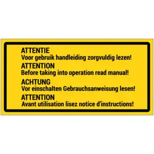 Voor gebruik handleiding lezen 4-talig pictogram - geel zwart - rechthoekig - tekst attentie voor gebruik handleiding zorgvuldig lezen in 4 talen