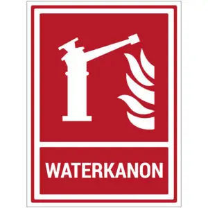 Waterkanon pictogram met tekst - rechthoekig - rood wit - symbool waterkanon en tekst waterkanon