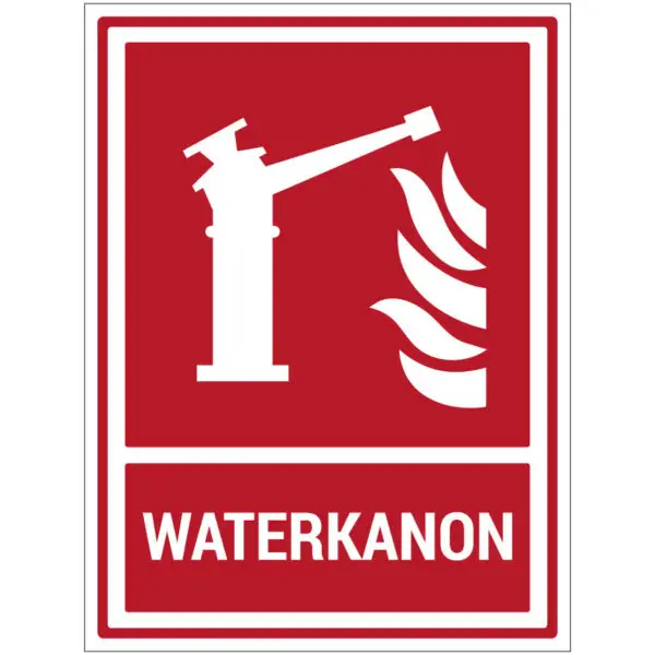 Waterkanon pictogram met tekst - rechthoekig - rood wit - symbool waterkanon en tekst waterkanon