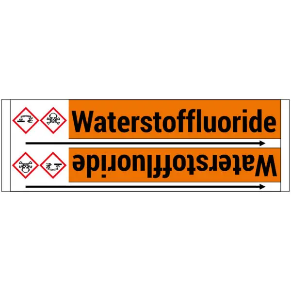Waterstoffluoride leidingmarkering sticker - oranje zwart - rechthoekig - tekst Waterstoffluoride met oranje achtergrond en pijl