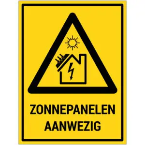 Zonnepanelen aanwezig pictogram met tekst - rechthoekig - geel zwart - symbool zonnepanelen en tekst zonnepanelen aanwezig