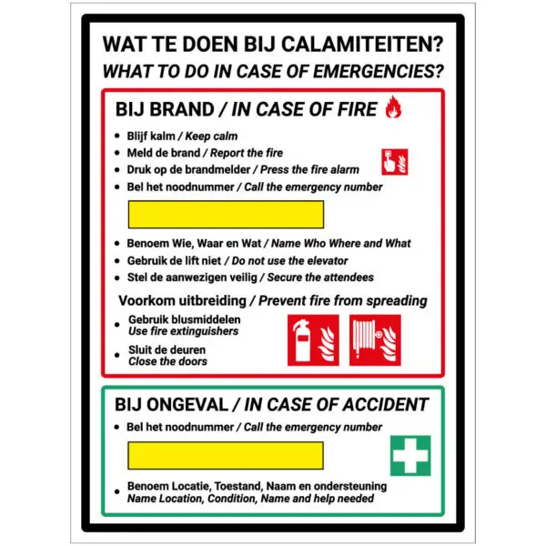 Calamiteiten pictogram - rechthoekig - zwart wit rood geel groen - tekst wat te doen bij calamiteiten