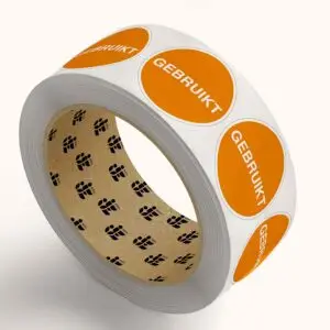 Gebruikt pictogram op rol - oranje wit - rond - tekst gebruikt