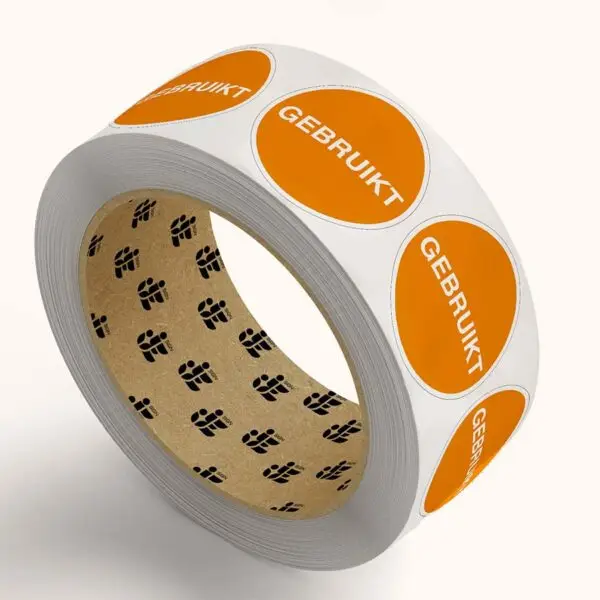 Gebruikt pictogram op rol - oranje wit - rond - tekst gebruikt