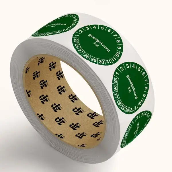 Goedgekeurd tot keuringssticker op rol - rond - groen wit - tekst goedgekeurd tot met jaartallen en maanden