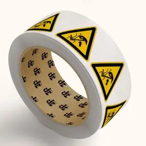 Handverbrijzeling waarschuwingssticker op rol - W031 - geel zwart - driehoekig - symbool hand tussen machine en pijl op gele achtergrond