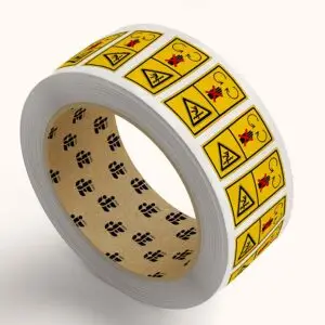 Intrekgevaar niet in machine klimmen pictogram op rol - rechthoekig - geel zwart - symbool persoon met draaiende as en hand met rood kruis en draaiende delen op gele achtergrond