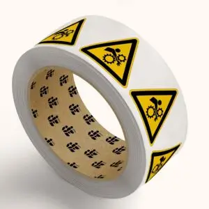 Intrekgevaar waarschuwingspictogram op rol - geel zwart - driehoekig - symbool persoon met arm tussen tandwielen op gele achtergrond