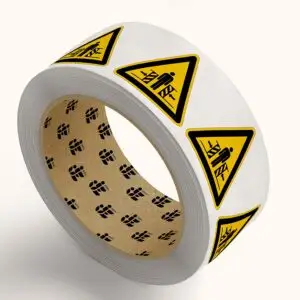 Klemgevaar waarschuwingssticker op rol - W019 - geel zwart - driehoekig - symbool persoon tussen machine op gele achtergrond