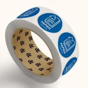 Papier afval pictogram op rol - rond - blauw wit - tweetalig - symbool papier en tekst papier paper