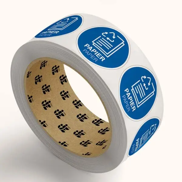 Papier afval pictogram op rol - rond - blauw wit - tweetalig - symbool papier en tekst papier paper
