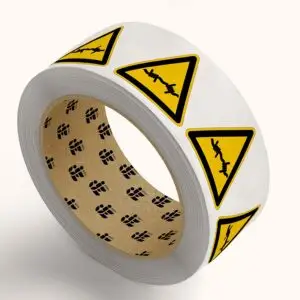 Prikkeldraad waarschuwingssticker op rol - W033 - geel zwart - driehoekig - symbool prikkeldraad op gele achtergrond