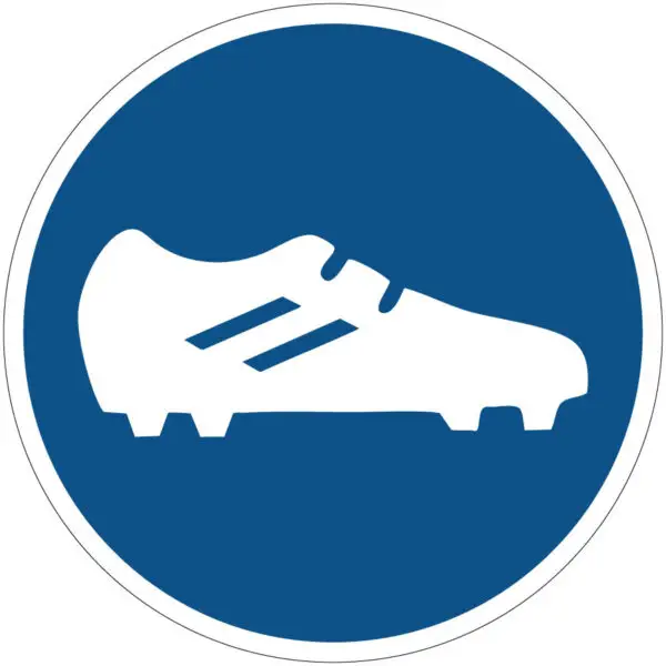 Voetbalschoenen verplicht gebodspictogram - blauw wit - rond - symbool voetbalschoen met blauwe achtergrond