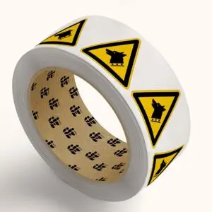 Waakhond gevaar waarschuwingssticker op rol - W013 - geel zwart - driehoekig - symbool gevaarlijke waakhond op gele achtergrond