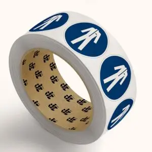 Beschermende kleding verplicht gebodspictogram op rol - M010 - blauw wit - rond - symbool werkoverall met blauwe achtergrond
