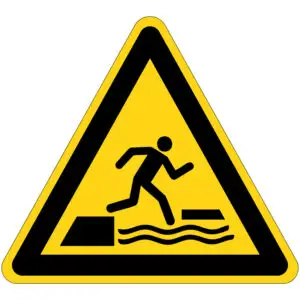 Drijvende oppervlakken waarschuwingspictogram - W068 - driehoekig - geel zwart - symbool persoon in water tussen drijvende oppervlakken