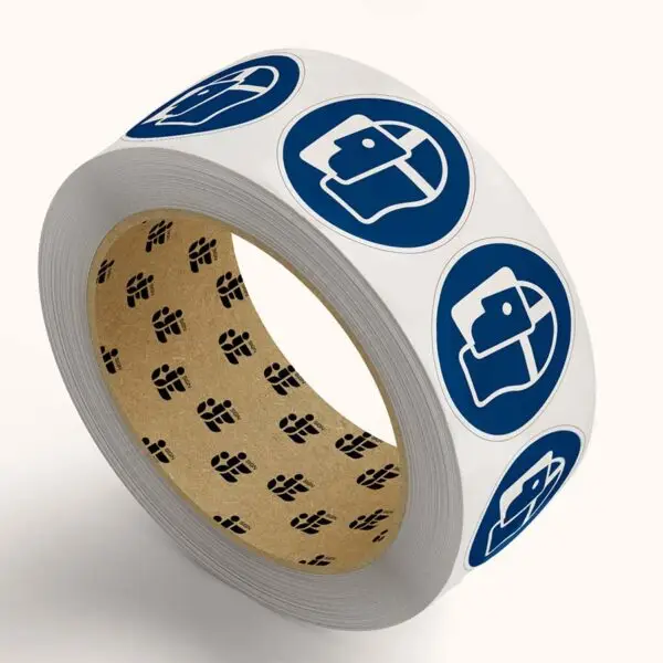 Gelaatsscherm verplicht gebodspictogram op rol - M013 - blauw wit - rond - symbool persoon met gelaatsscherm op met blauwe achtergrond