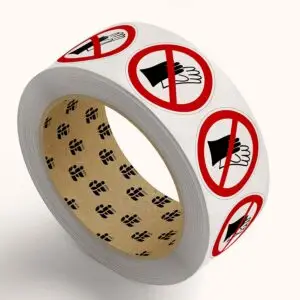 Geen handschoenen dragen verbodspictogram op rol - P028 - rood wit - rond - symbool paar handschoenen met rode schuine streep