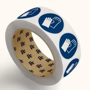 Handschoenen verplicht gebodspictogram op rol - M009 - blauw wit - rond - symbool paar handschoenen met blauwe achtergrond