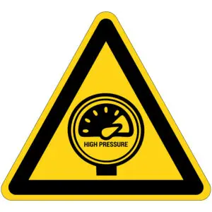 Hoge druk waarschuwingspictogram - driehoekig - geel zwart - symbool meter met tekst high pressure