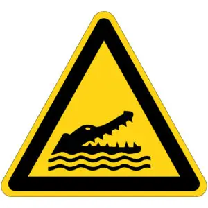 Krokodillen waarschuwingspictogram - W067 - driehoekig - geel zwart - symbool krokodil in water