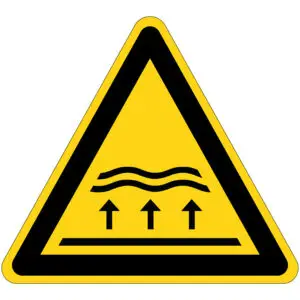 Overstromingsgebied waarschuwingspictogram - W077 - driehoekig - geel zwart - symbool water en drie pijlen omhoog