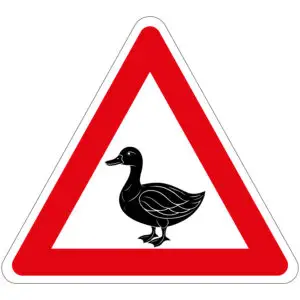 Pas op overstekende eenden pictogram - rood wit zwart - driehoekig - symbool eend met rode driehoek