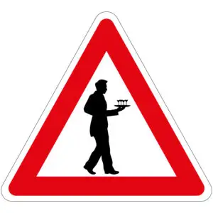 Pas op overstekende obers pictogram - rood wit zwart - driehoekig - symbool ober met blad met rode driehoek