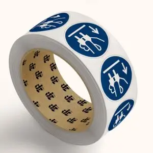 Stekker uit stopcontact verplicht gebodspictogram op rol - M006 - blauw wit - rond - symbool hand die stekker uit stopcontact haalt met blauwe achtergrond