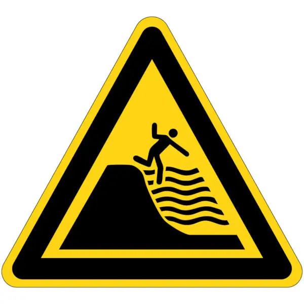 Sterk aflopend strand waarschuwingspictogram - W066 - driehoekig - geel zwart - symbool persoon op sterk aflopend strand