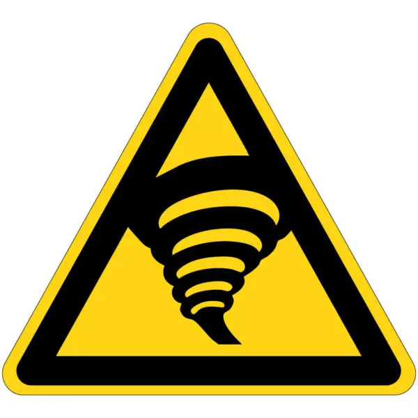 Tornado waarschuwingspictogram - W074 - driehoekig - geel zwart - symbool tornado