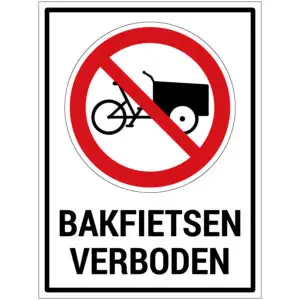 Bakfietsen verboden pictogram met tekst - rood wit zwart - rechthoekig