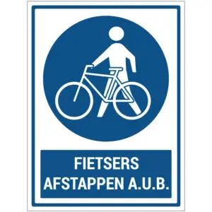 Fietsers afstappen aub pictogram met tekst - blauw wit - rechthoekig