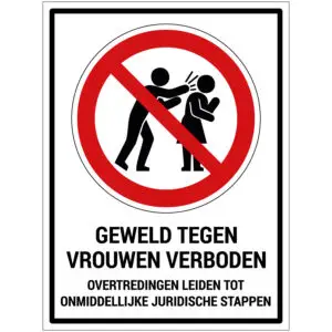 Juridische stappen bij geweld tegen vrouwen verbodspictogram met tekst - rechthoekig - rood wit zwart