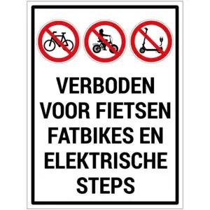 Verboden voor fietsen fatbikes en elektrische steps verbodspictogram - rechthoekig - rood wit zwart - tekst verboden voor fietsen fatbikes en elektrische steps