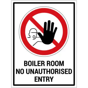 Boiler room no unauthorised entry met tekst verbodspictogram - rechthoekig - rood wit zwart - tekst boiler room no unauthorised entry en symbool verboden toegang met rode schuine streep