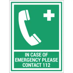 In case of emergency please contact 112 EHBO pictogram met tekst - rechthoekig - groen wit - symbool noodtelefoon met kruis