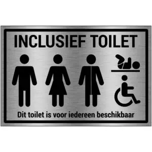 Brushed aluminium Inclusief toilet pictogram - grijs zwart - rechthoekig - tekst inclusief toilet dit toilet is voor iedereen beschikbaar