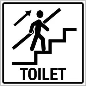 Toilet trap omhoog gebouw pictogram - wit zwart - vierkant - symbool persoon op trap met pijl omhoog