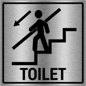Brushed aluminium Toilet trap omlaag gebouw pictogram - grijs zwart - vierkant - symbool persoon op trap met pijl omlaag