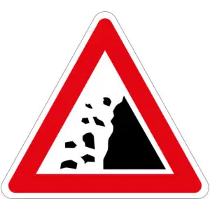 Vallend gesteente verkeerspictogram - driehoekig - rood wit zwart - symbool stenen die vallen