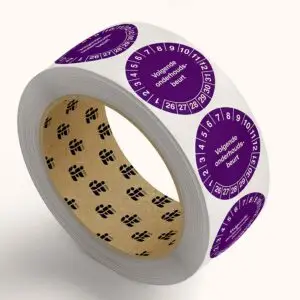 Volgende onderhoudsbeurt keuringssticker op rol - rond - paars wit - tekst volgende onderhoudsbeurt met jaartallen 26-31 en maanden