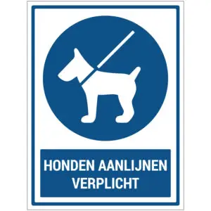 Honden aanlijnen verplicht gebodspictogram met tekst - rechthoekig - blauw wit