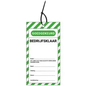 LOTO tag bedrijfsklaar NL - groen wit zwart - rechthoekig - inclusief tiewraps