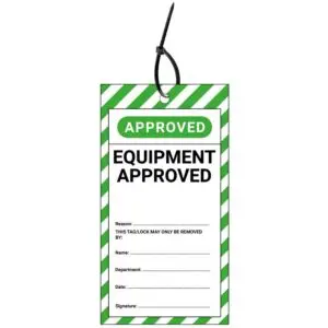 LOTO tag equipment approved EN - groen wit zwart - rechthoekig - inclusief tiewraps