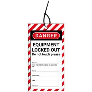 LOTO tag equipment locked out do not touch EN - rood wit zwart - rechthoekig - inclusief tiewraps