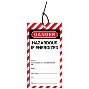 LOTO tag hazardous if energized EN - rood wit zwart - rechthoekig - inclusief tiewraps