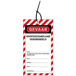 LOTO tag hoofdschakelaar vergrendeld NL - rood wit zwart - rechthoekig - inclusief tiewraps