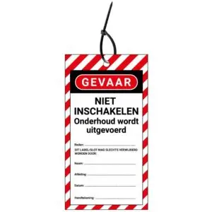 LOTO tag niet inschakelen onderhoud wordt uitgevoerd NL - rood wit zwart - rechthoekig - inclusief tiewraps