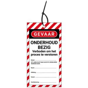 LOTO tag onderhoud bezig NL - rood wit zwart - rechthoekig - inclusief tiewraps